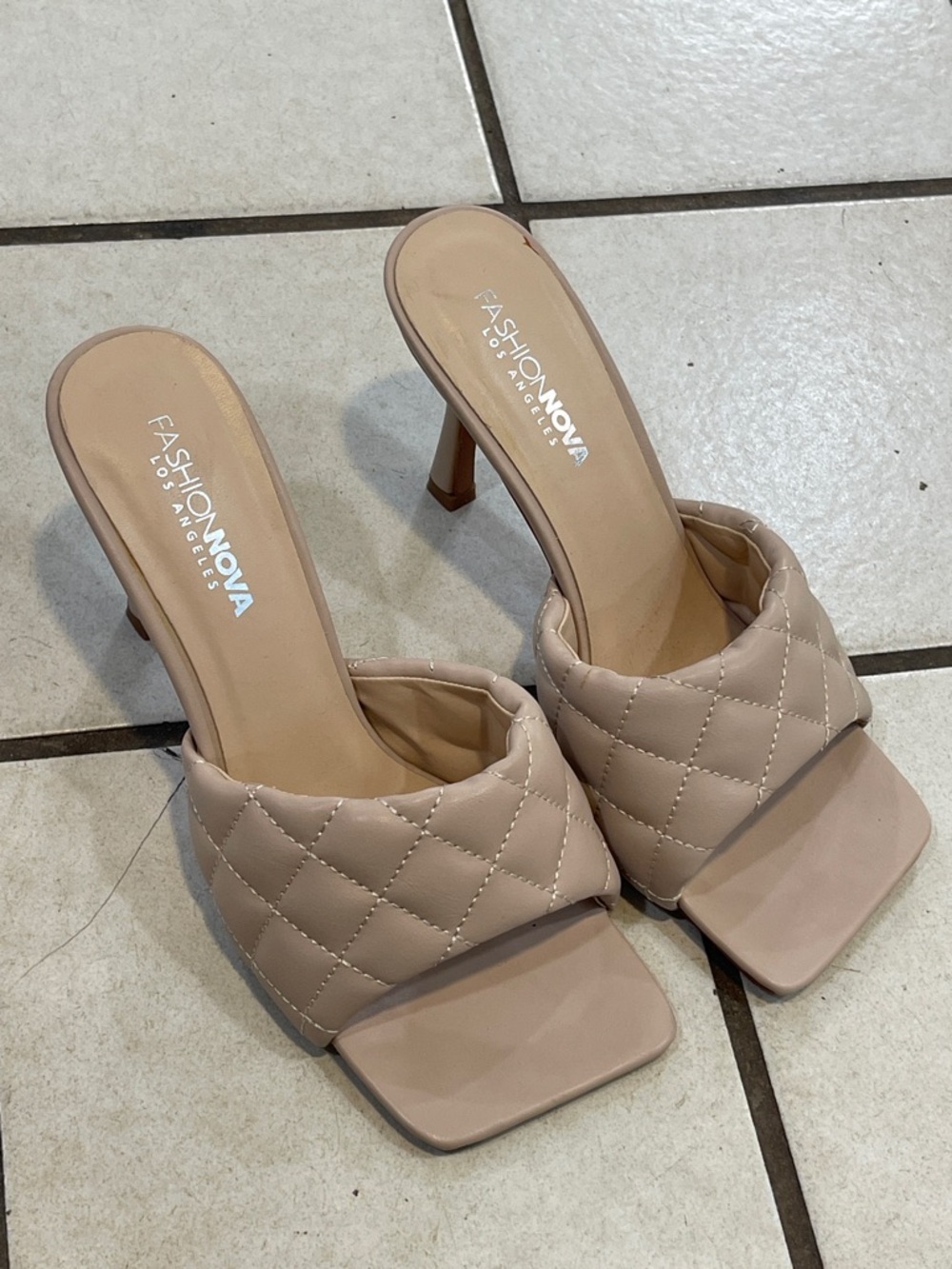 Fashion Nova Beige Quilted Square-Toe Mule Heels
